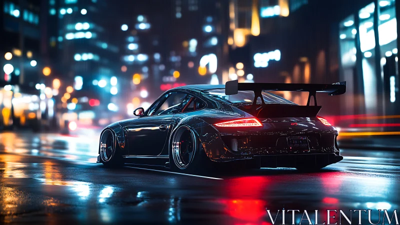 Midnight street racer hums through neon soaked city rain