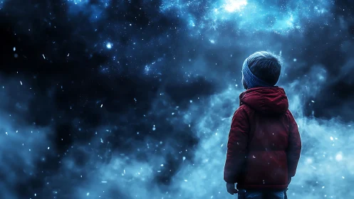 Child in red coat gazing into blue cosmic night sky.