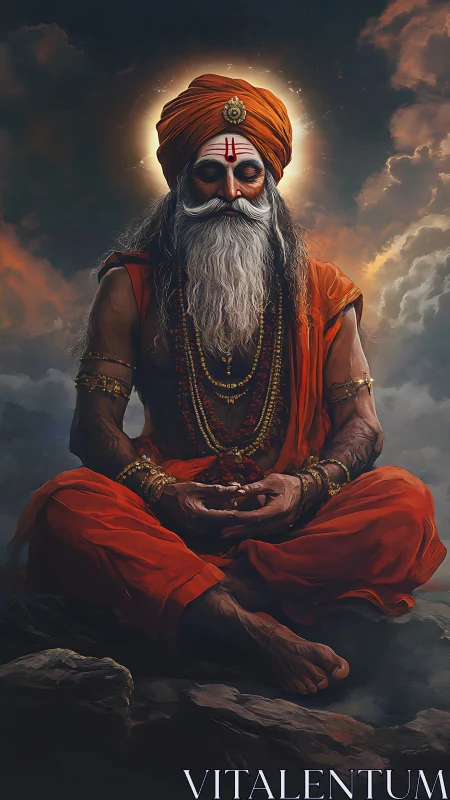 Meditating sage in glowing aura amid stormy twilight clouds.