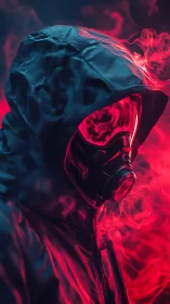 Hooded figure in gas mask stands in red smoke environment