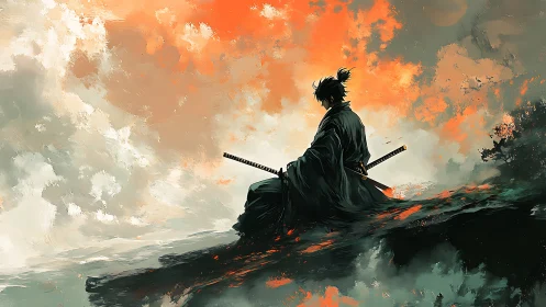 Stormlit ronin contemplates fire-kissed horizon in silence.