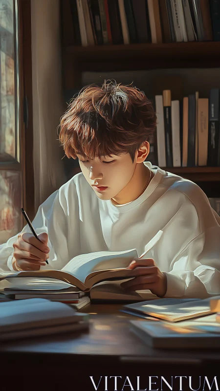 Soft afternoon light wraps a focused student in quiet study