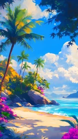 Tropical Paradise Landscape: Digital Painting Coastal Scene.