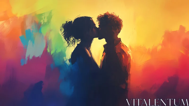 Silhouetted Couple Embracing Within Chromatic Gradient Field.