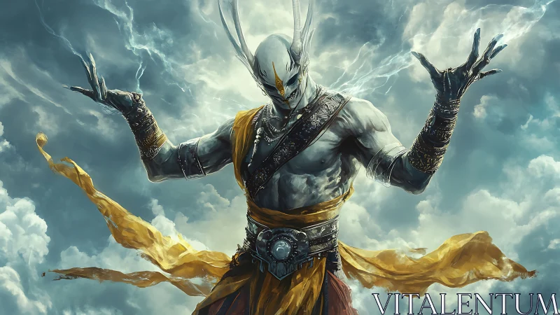 Stormforged sky deity summons lightning above swirling clouds.