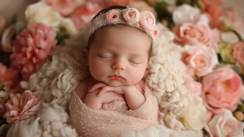 Serene newborn portrait cradled in soft blush florals.