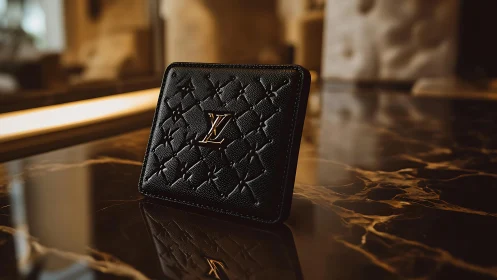 Luxury black leather wallet on reflective marble surface.