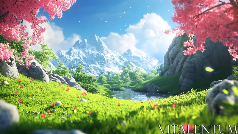 Idyllic alpine valley with cherry blossom and river vista.