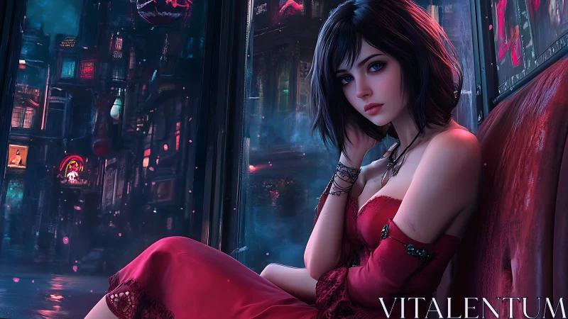 Midnight thoughts with a red-dressed girl by neon windows.