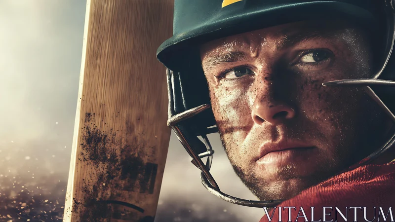 Cricket batsman stares down the pitch in gritty close-up