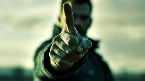 Outstretched thumb in extreme foreground depth with shallow bokeh