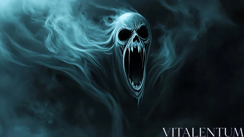 Shrieking spectral skull swirling from midnight mist.
