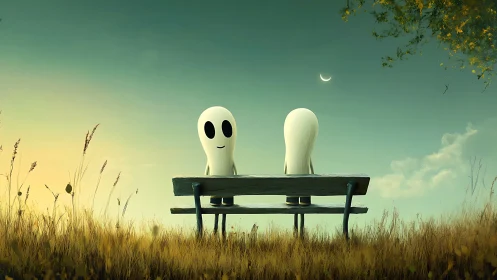 Two ghostlike figures on bench under crescent moon at dusk