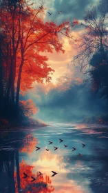 River at sunrise with red autumn trees and flying birds.