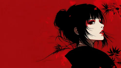 Red-black anime portrait of pale woman with maple silhouettes
