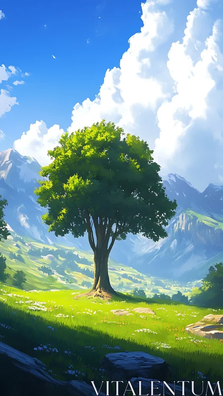 Solitary tree bathes in golden light beneath towering clouds