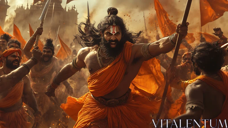 Warrior leader in orange robes charging into battle scene.