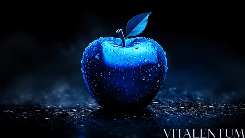 Luminous cobalt apple with water droplets on dark wet surface.