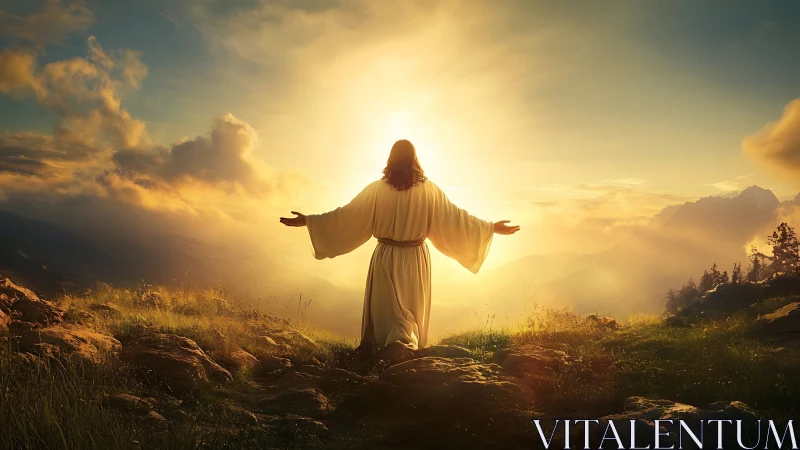 Sunlit figure welcoming dawn on a glowing mountain ridge.