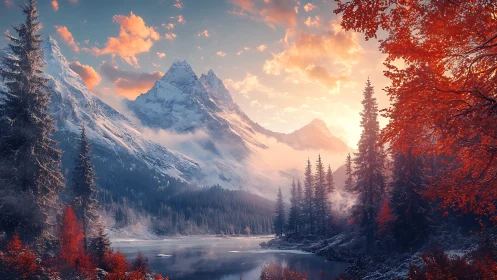 Snowy mountain lake framed by red autumn forest at dawn.