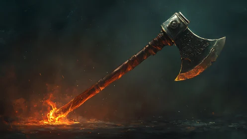 Burning battle axe floats over dark smoky background