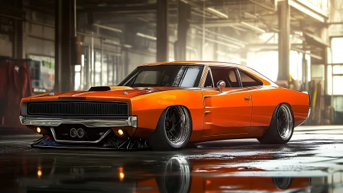 Orange muscle car rendered in industrial garage scene.
