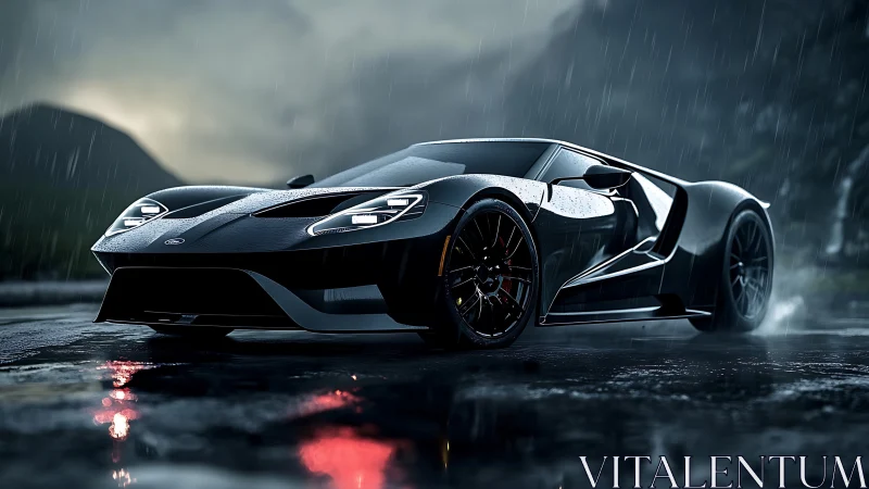 Black supercar under rain on reflective mountain road.