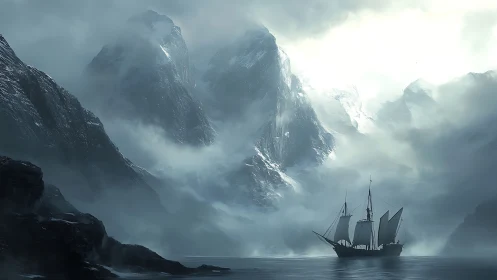 Stormlit schooner threading icy fjord of ghostly giants.