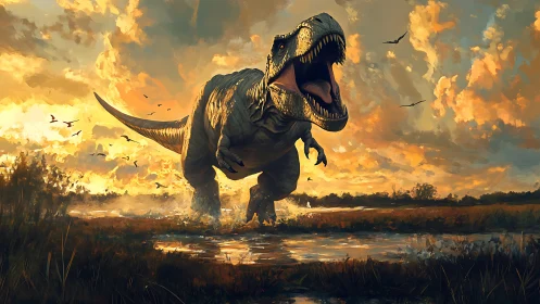Sunset thunder as a roaring T. rex storms primeval marshlands.