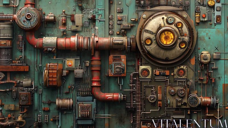 Industrial steampunk control wall with weathered machinery