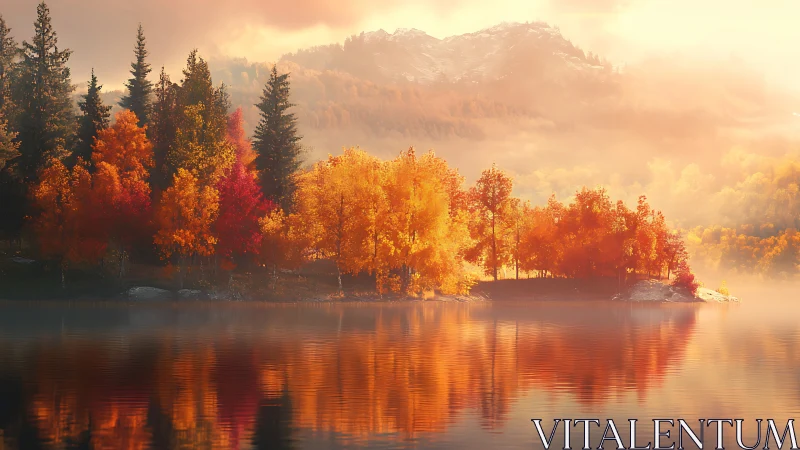 Autumn shoreline reflects in calm lake under diffused light
