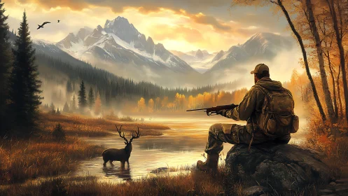 Autumn hunter observes stag across reflective alpine river at dawn
