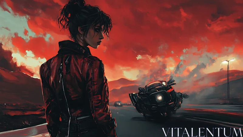 Lone biker confronts neon dusk beneath burning red skies.