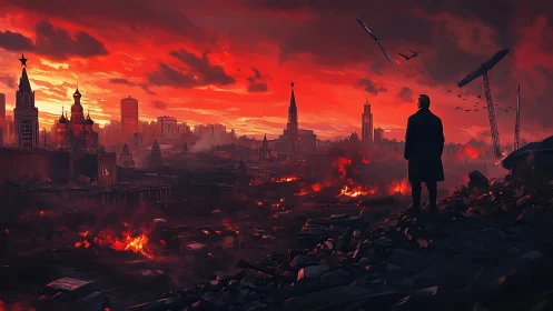 Solitary figure observing a burning red city skyline.