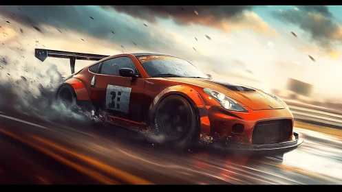 Lightning-fast orange race car slicing through wet track.