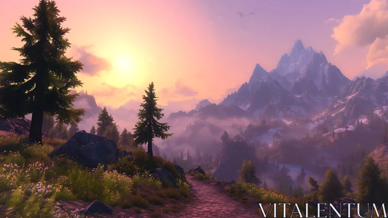 Sunlit alpine trail overlooking pastel misty mountains.