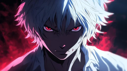 White‑haired antihero ignites crimson fury in shadowed blaze.