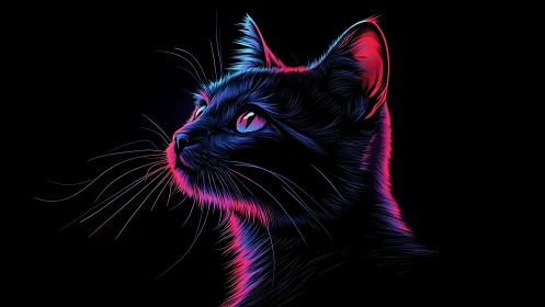 Neon lit cat portrait in vivid blue and magenta profile.