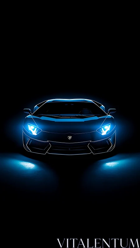 Electric blue supercar glows dramatically against black void