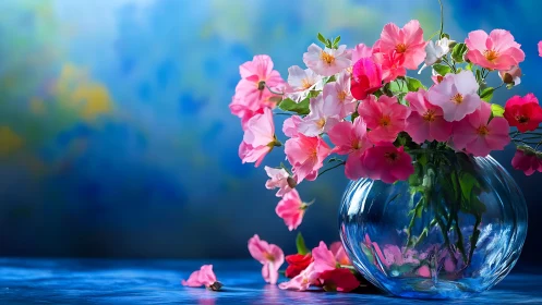 Luminous Pink Floral Arrangement Within Crystalline Glass Vessel.
