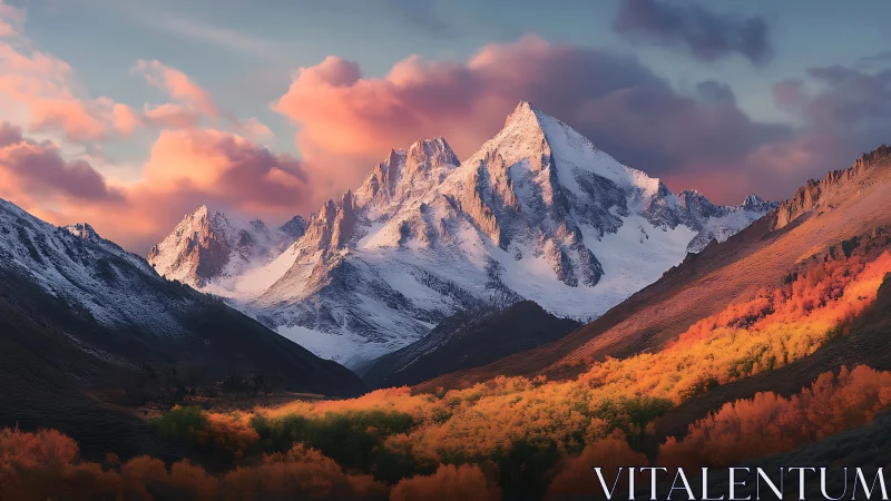 Sunstruck autumn valley bowing to rose-lit alpine giant.