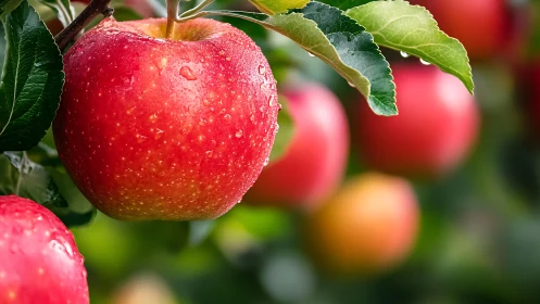 Macro close-up of dewy ripe red apple on tree branch outdoors