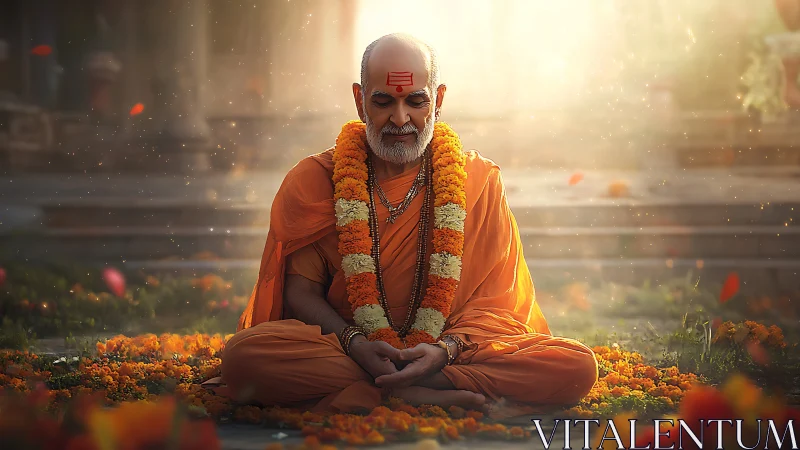 Meditating Hindu monk in marigolds under radiant sunrise light.