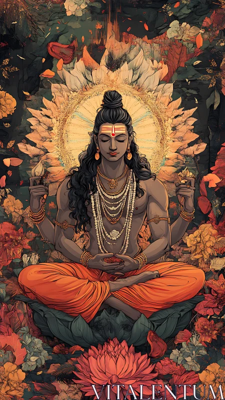 Meditating four-armed deity in lotus pose amid rich florals.
