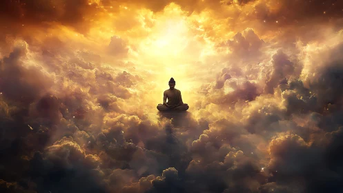 Serene meditating figure glowing softly among golden clouds.