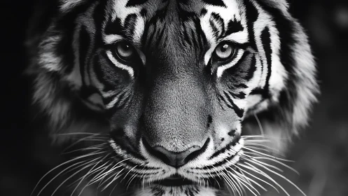 Close frontal portrait of tiger in monochrome detail.