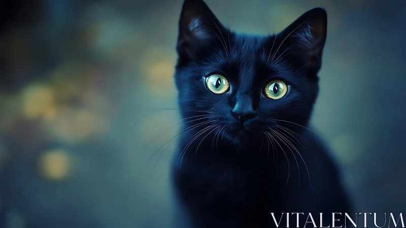 Black Cat with Luminous Eyes Against Blurred Teal Background
