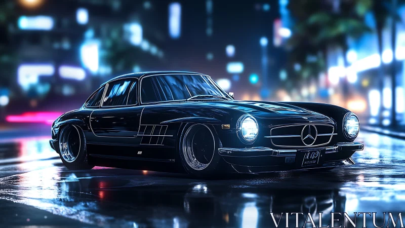 Neon-lit classic coupé in cinematic 3D nighttime streetscape.