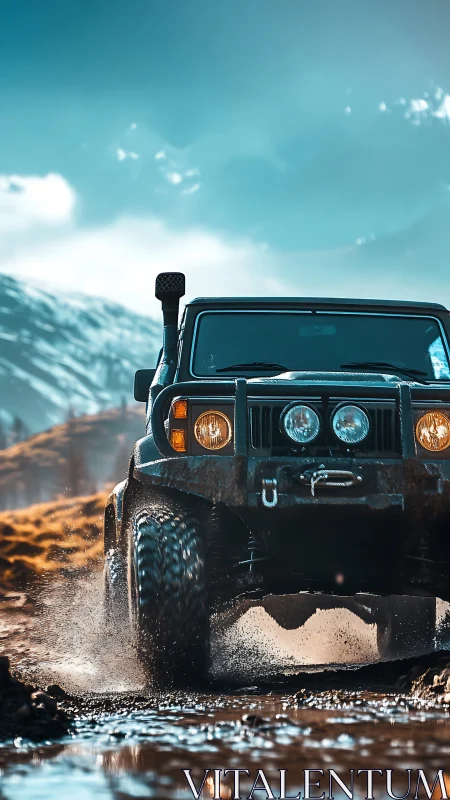 Off-road vehicle moves through wet terrain in mountain setting