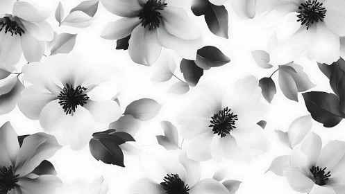 Monochrome florals dance in ethereal suspension across white.